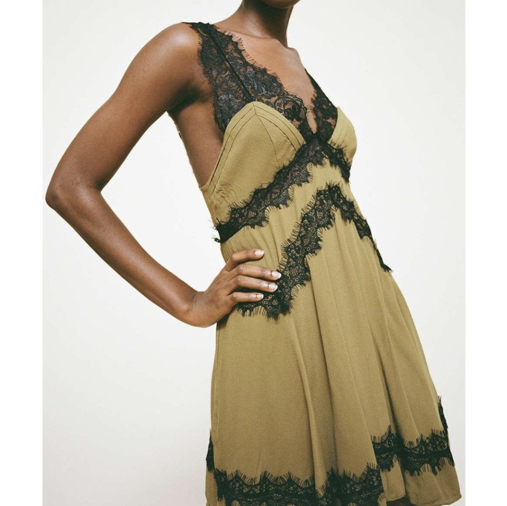 Uo Tiffany Plunging Lace Trim Mini Dress